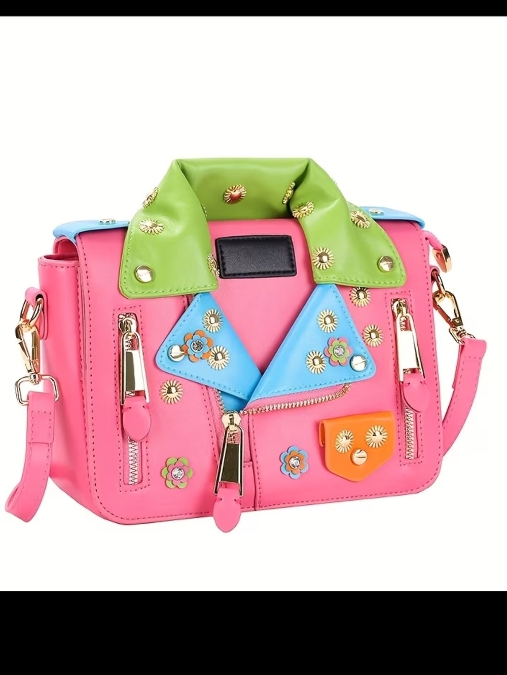 Colorful Studded Pink Crossbody Bag with Green and Blue Accents